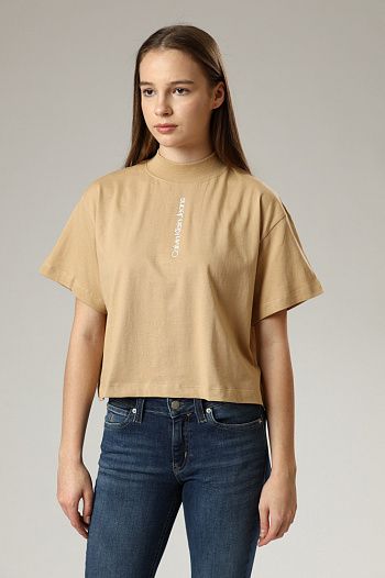 Футболка кроп-топ хлопковая бежевая Calvin Klein Jeans