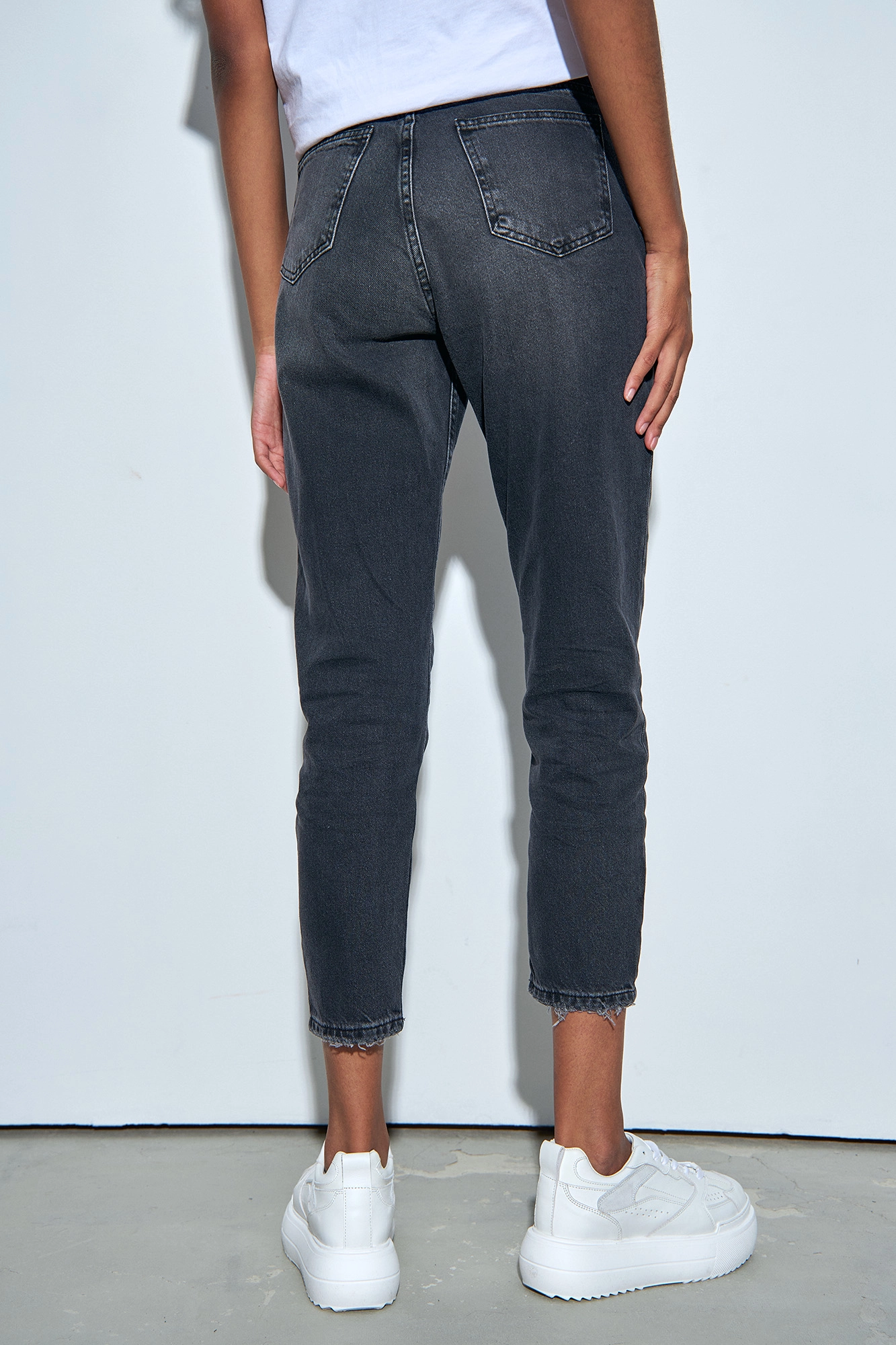 Dark denim mom jeans top